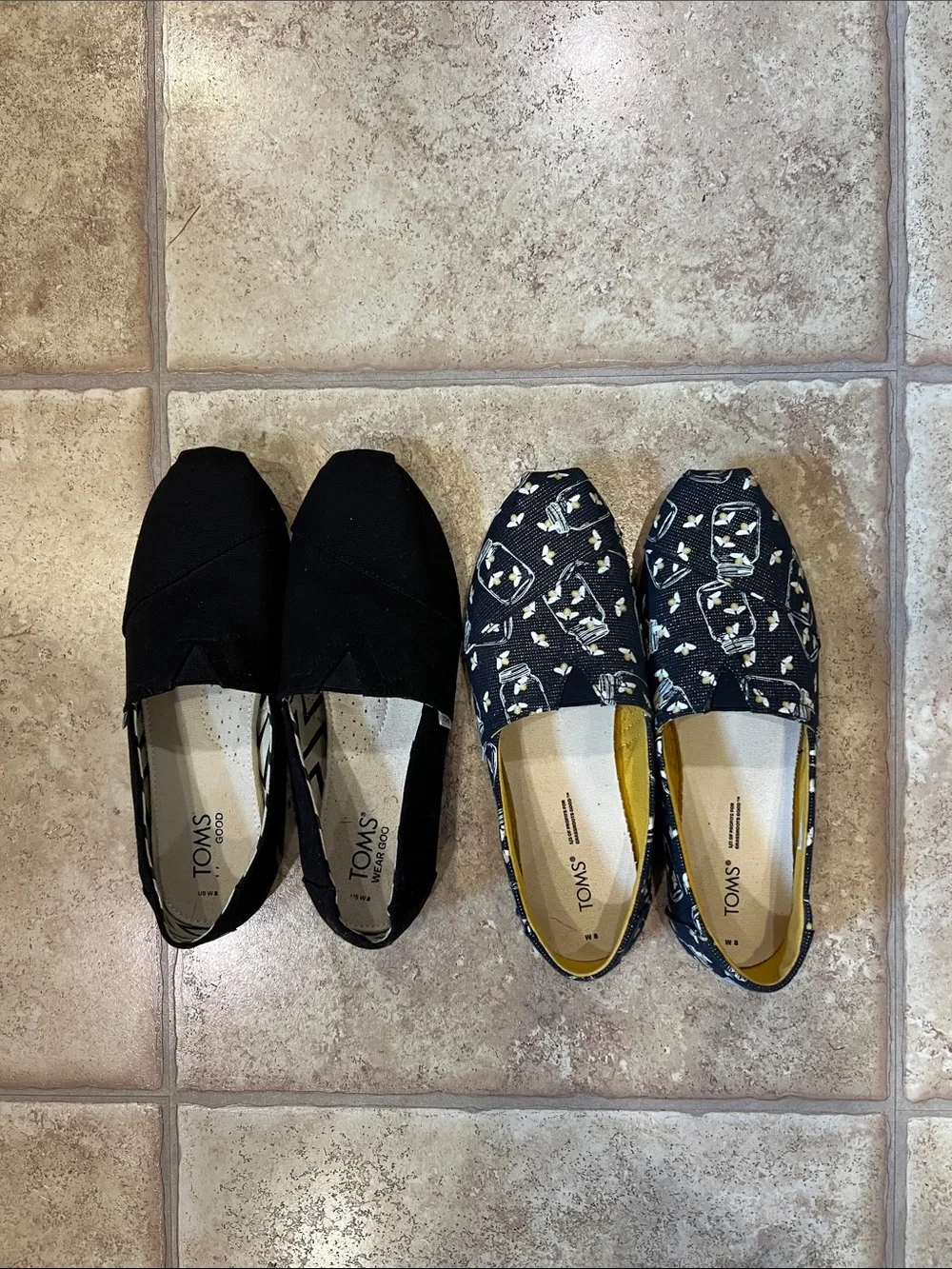 Toms Black Slip-On Flats and Navy Floral Print Slip-Ons